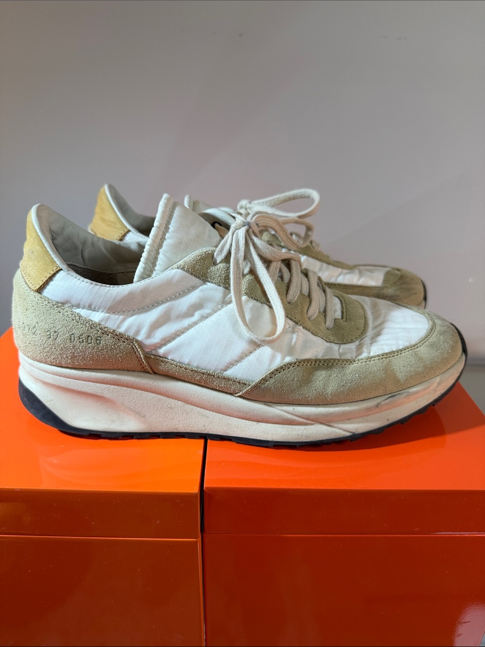 Common Projects White and Beige Suede-Trim Low-Top Sneakers